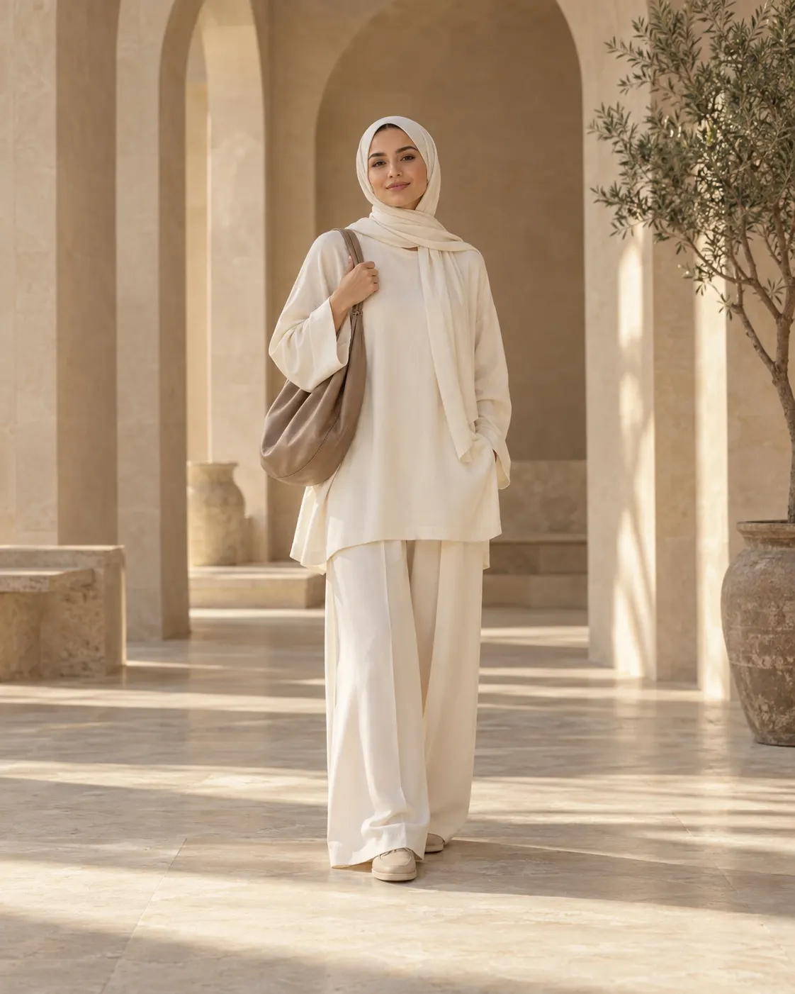 Relaxed neutral modest outfit