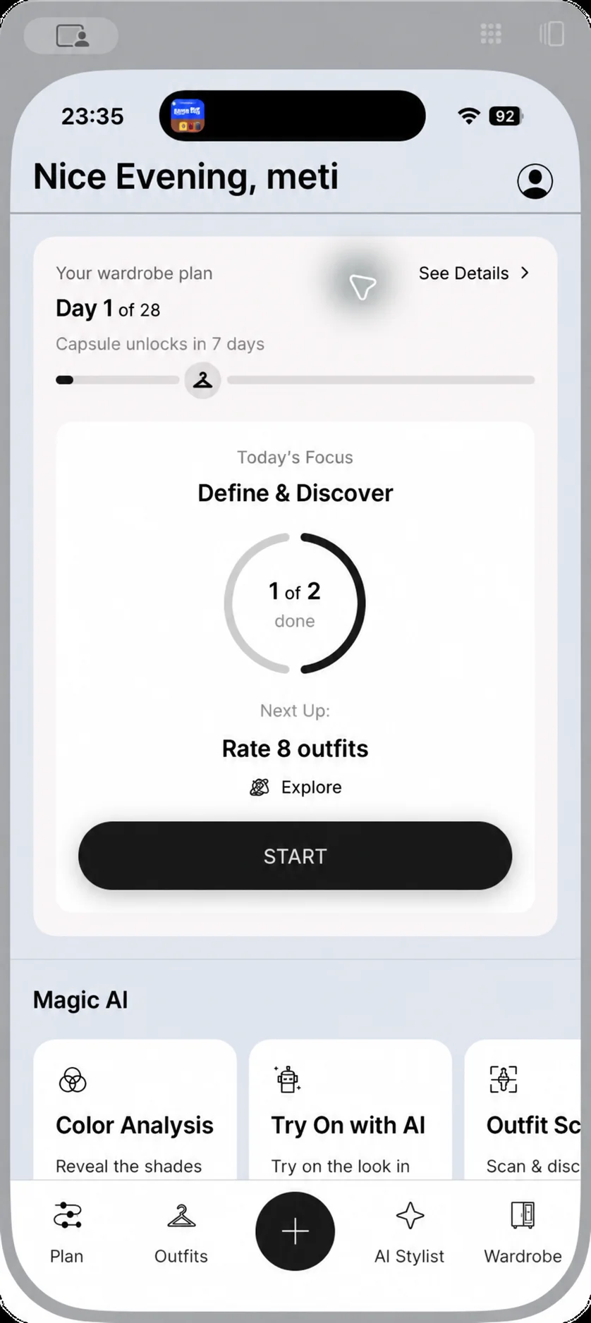 Tara personalized wardrobe plan screen