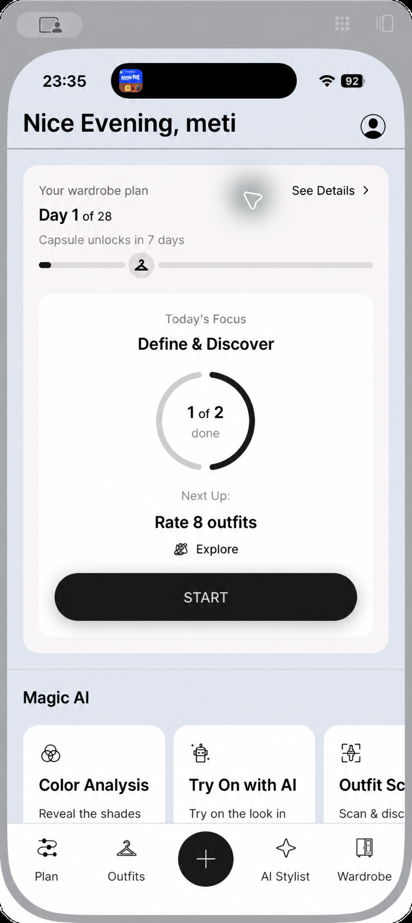 Tara personalized wardrobe plan screen